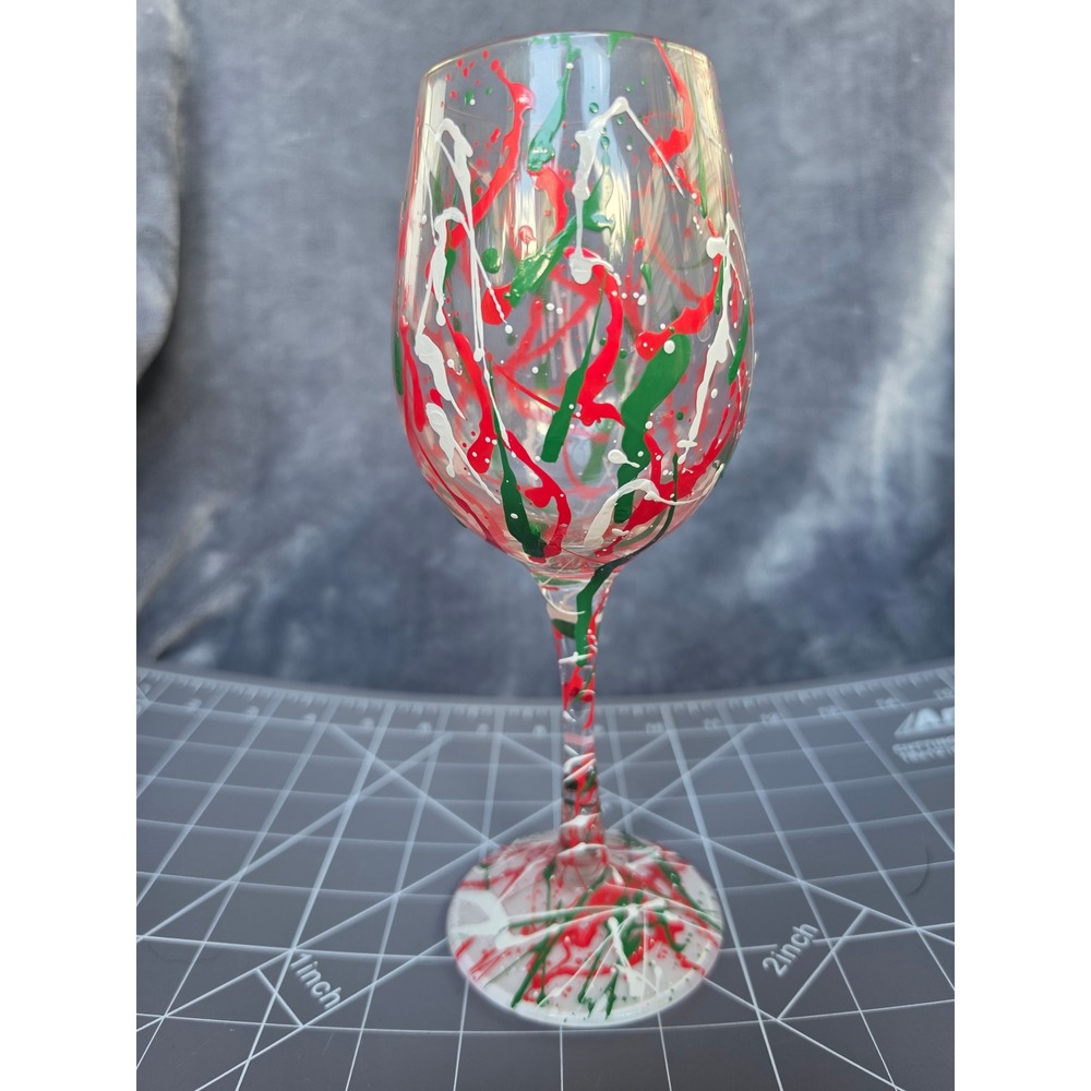 Lolita Holiday Splash Hand Painted Wine Glass Red Green White Festive Stemware